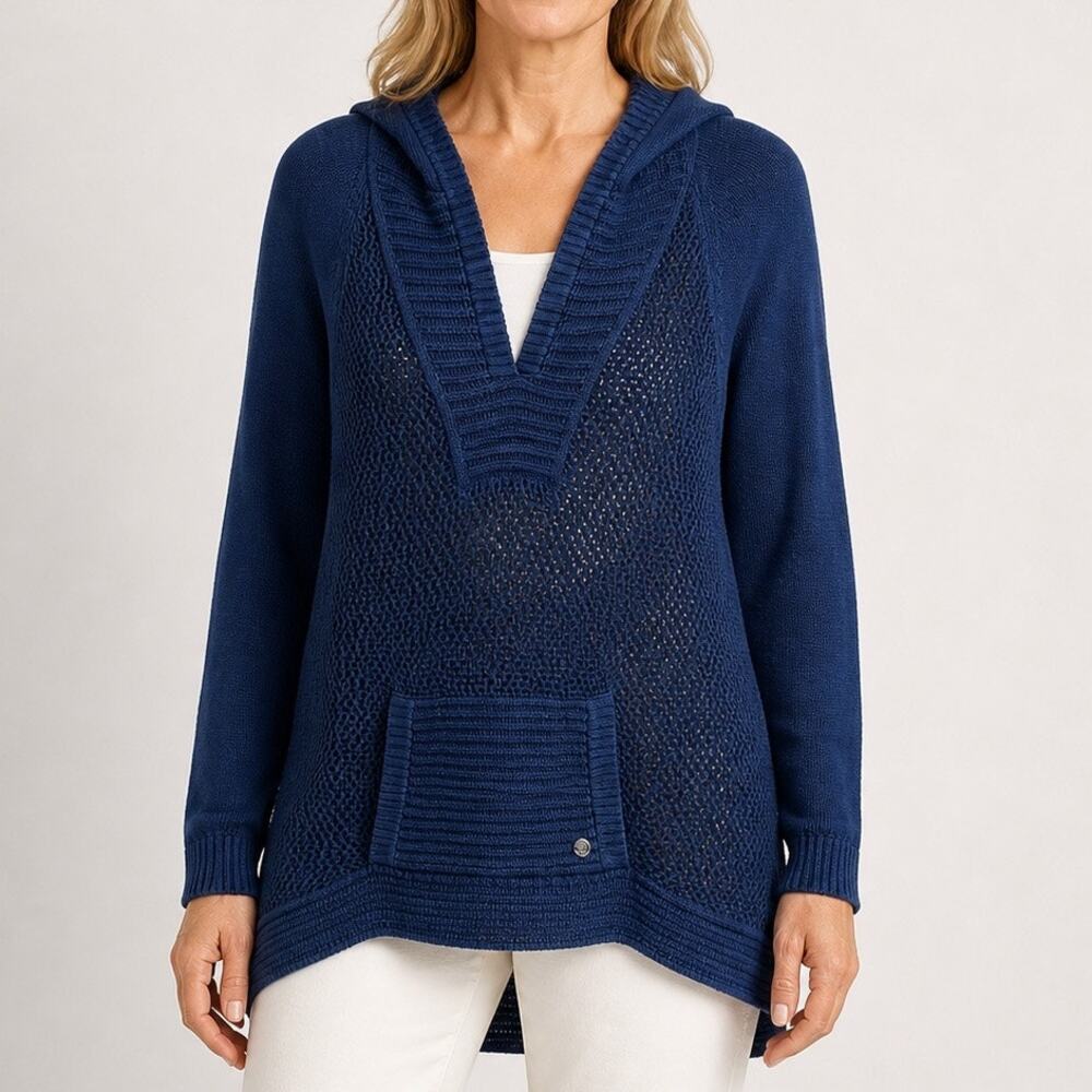prAna Sugar Beach Sweater XL Hoodie Tunic Blue Cotton Crochet Pullover